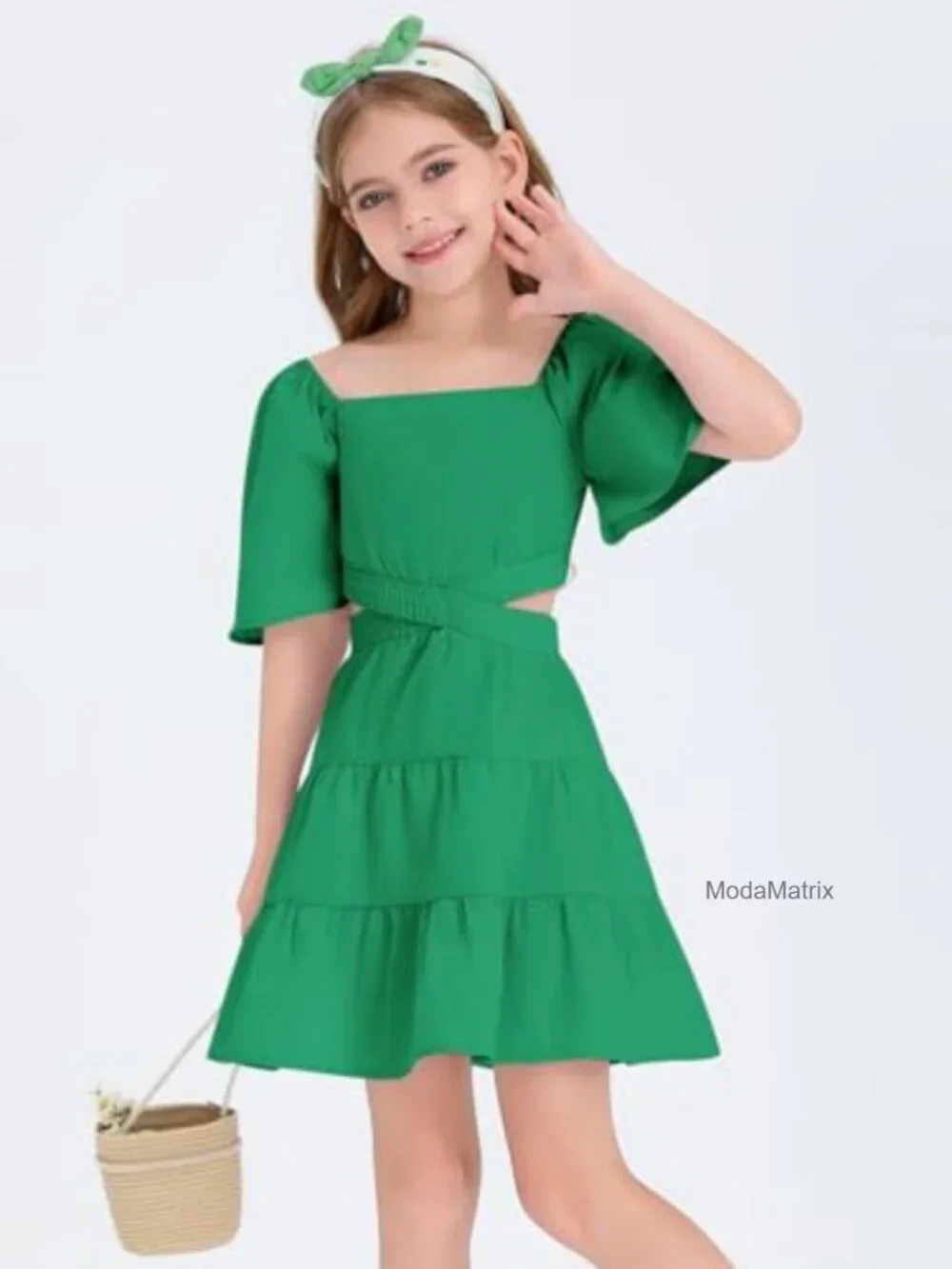 Cotton Square Neck Short Sleeve Crossover Waist A-line Mini Dress for Girls
